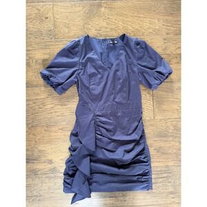 Steve Madden Navy Blue Puff Sleeve Ruched Ruffle V-Neck Mini Dress Womens Small